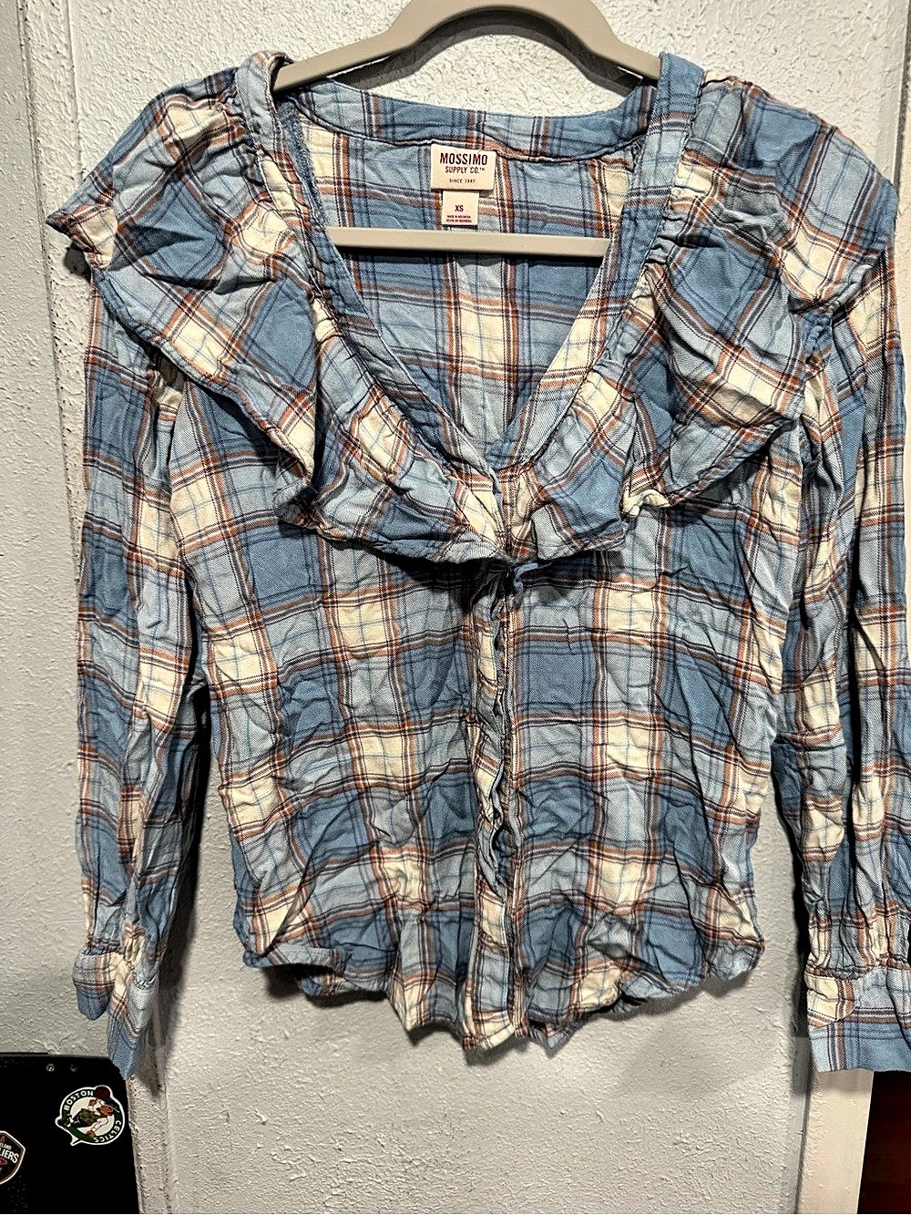 Mossimo Plaid Ruffle Blouse in Blue & White Size XS